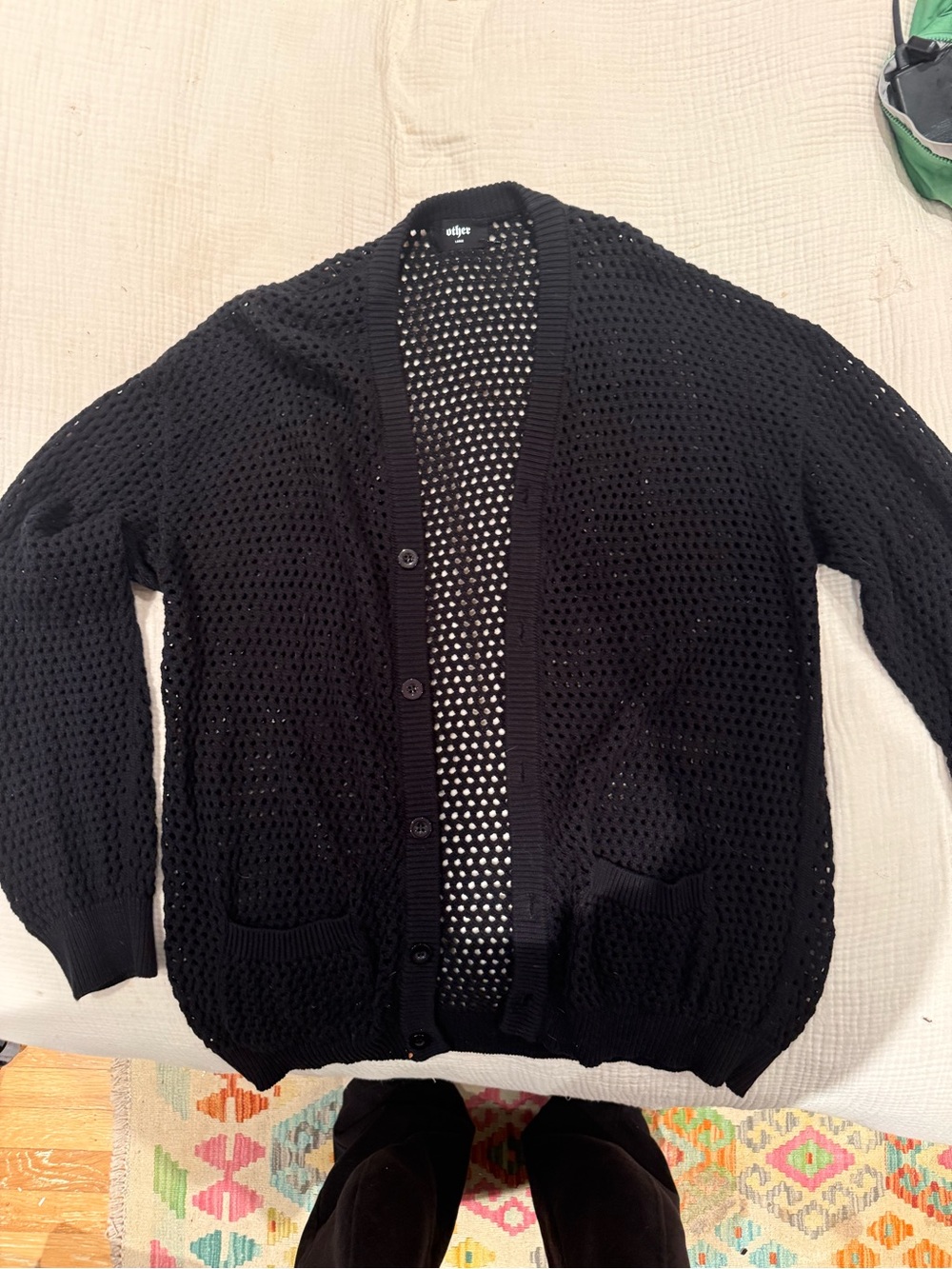 OTHER UK Black Open-Knit Button Cardigan Sweater - edge